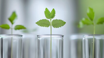 A close-up of small green plants growing in glass test tubes, symbolizing growth, nature, and scientific study in a serene environment.