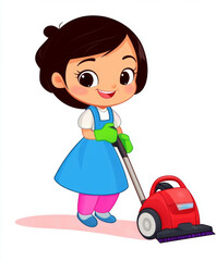 A cartoon-style clipart of an Asian woman wearing a cleaning outfit isolated on white