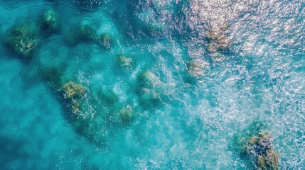 Obraz premium Aerial View of Crystal Clear Turquoise Ocean Water with Sunlight Reflecting on Waves and Coral Reefs Beneath the Surface in a Tropical Paradise
