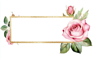 A rectangular label with gold glitter edges and pink roses watercolor