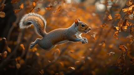 Obraz premium A squirrel leaps through autumn leaves in a vibrant forest scene.