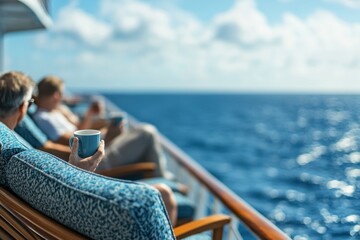 Tranquil Cruise: Seniors Relaxing on a Ship Deck Enjoying Ocean Views with Coffee