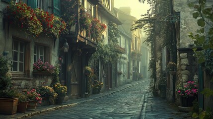 Naklejka premium A serene cobblestone street lined with charming houses and vibrant flower pots.