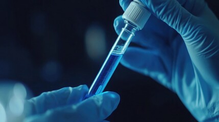 Close-up of a Scientist's Gloved Hands Holding a Test Tube Filled with a Blue Liquid in a Laboratory Setting