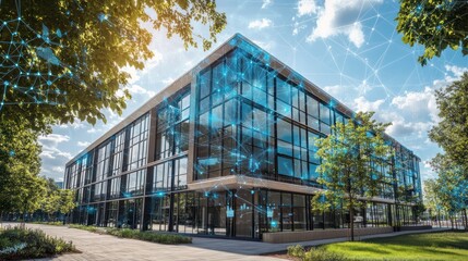 Obraz premium Modern glass building with digital network overlay, representing innovation and technology.