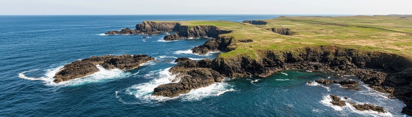 Fototapeta premium A stunning coastal landscape featuring rocky shores, gentle waves, and lush greenery under a clear blue sky.