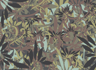 Camouflage backdrop with snakes and floral or plant elements. Dark tropical motifs for business concepts, covers, scrapbooking, interior solutions, tiles, prints, posters, fashion trends or fabrics
