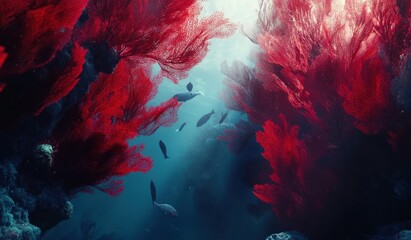 Breathtaking Underwater Scene Featuring Vibrant Red Coral and Diverse Marine Life Bathed in Ethereal Light Rays from Above