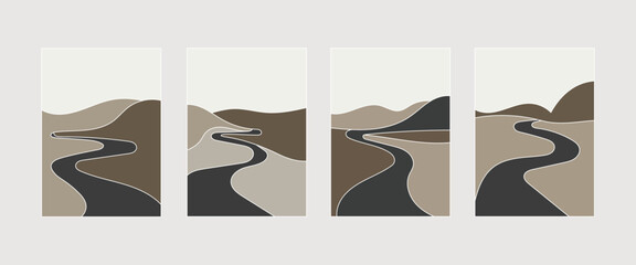Vector illustration. a landscape in muted brown and beige tones with abstract bends of the river emphasizing calmness and naturalness.