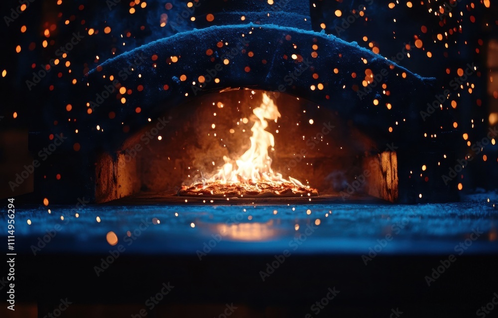 Poster captivating flames dance in a rustic oven with sparks and warm glow, creating a cozy and inviting at