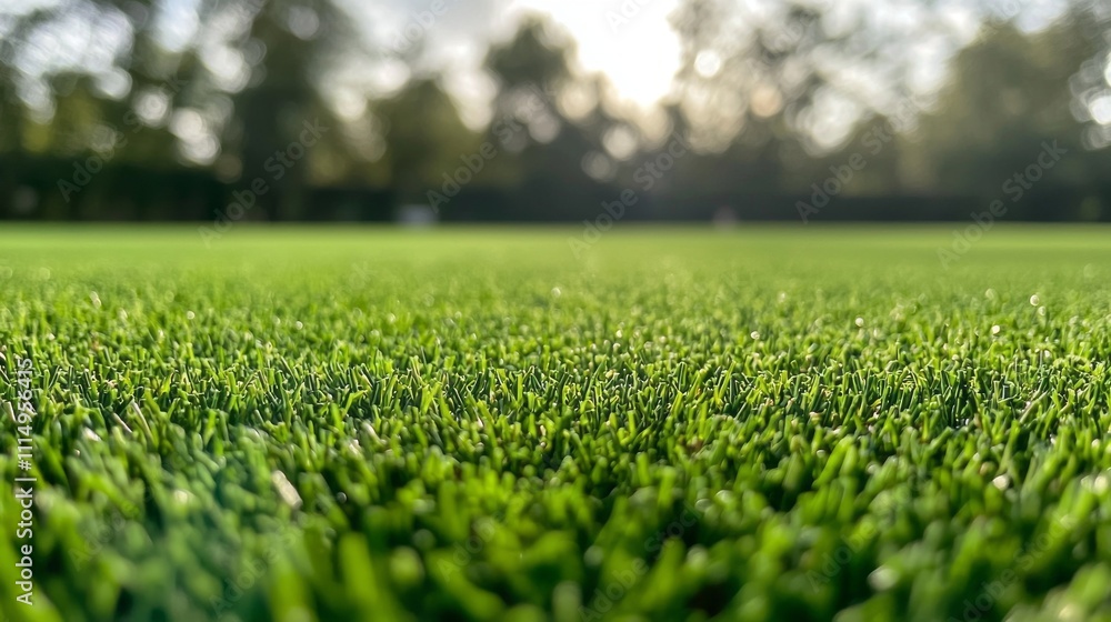 Poster lush green turf grass spreads across the ground, shimmering in the soft sunlight. blurred silhouette