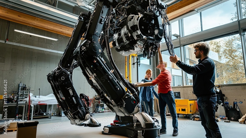 Poster engineers testing a large industrial robot arm