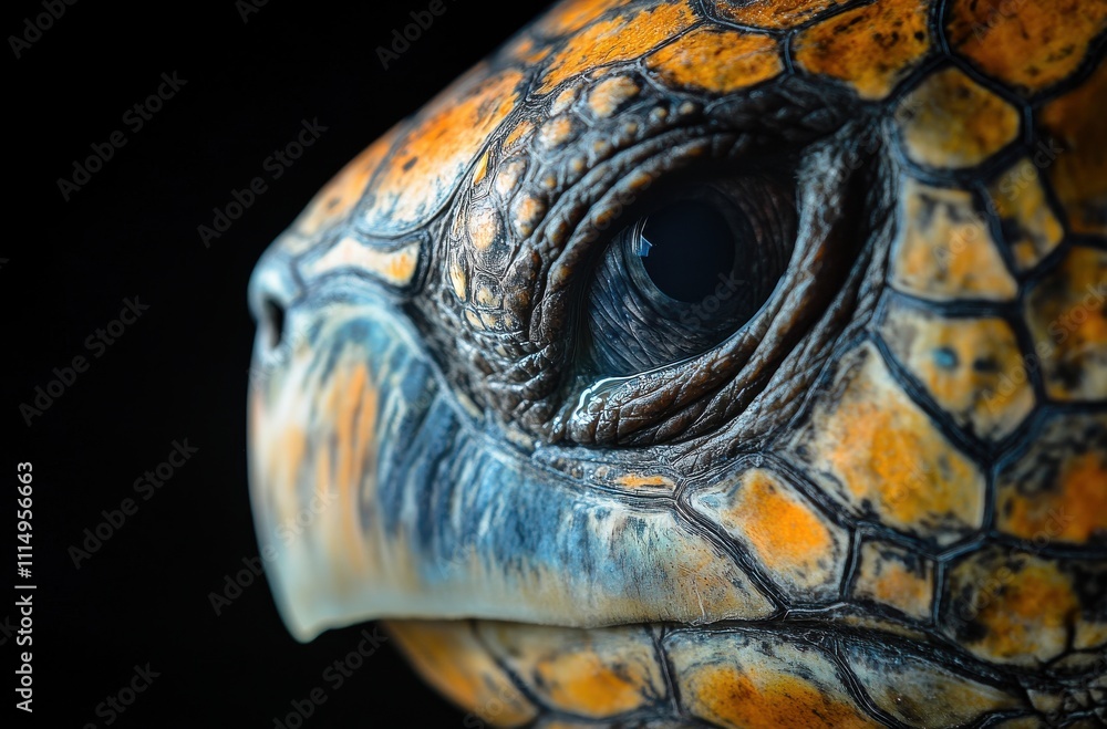 Poster close-up of a majestic turtle face highlighting intricate textures and patterns on the shell with a 