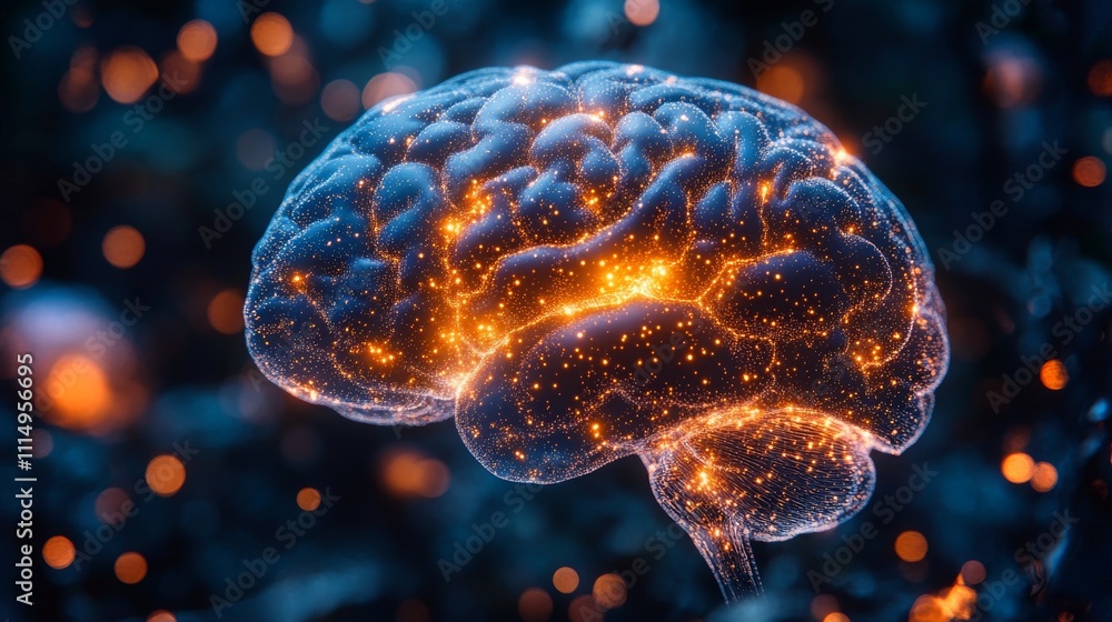 Poster close-up view of a brain model showcasing neural pathways and highlights in a vibrant design