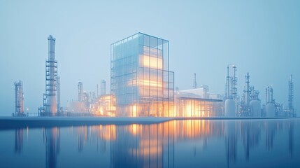 Fototapeta premium A modern industrial facility illuminated at dusk, reflecting on calm water.