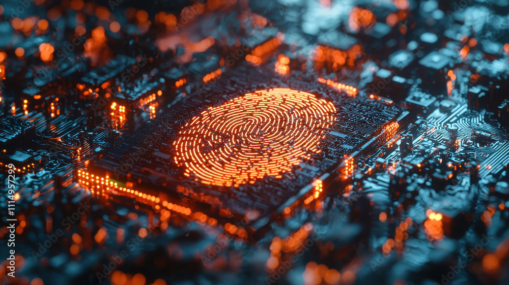 Poster fingerprint scan hologram concept. neon glowing fingerprint scanner on high tech circuit board