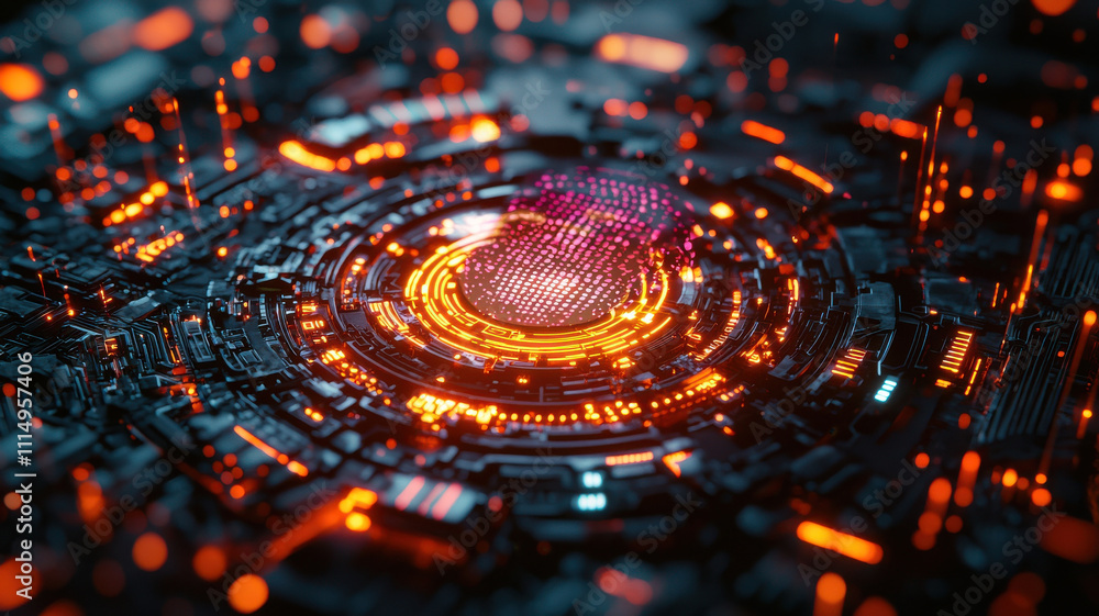 Poster fingerprint scan hologram concept. futuristic fingerprint scan on glowing digital interface