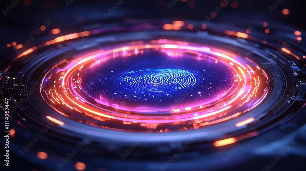 Poster fingerprint scan hologram concept. futuristic fingerprint scan with glowing holographic display