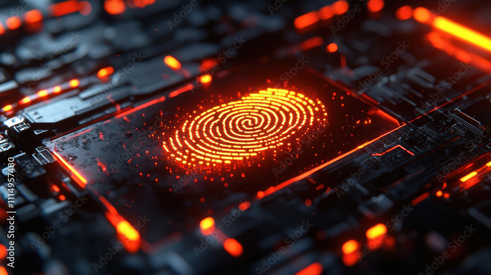 Poster fingerprint scan hologram concept. futuristic fingerprint scan with glowing holographic security