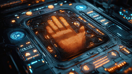 Obraz premium Fingerprint scan hologram concept. glowing digital fingerprint hologram on futuristic interface