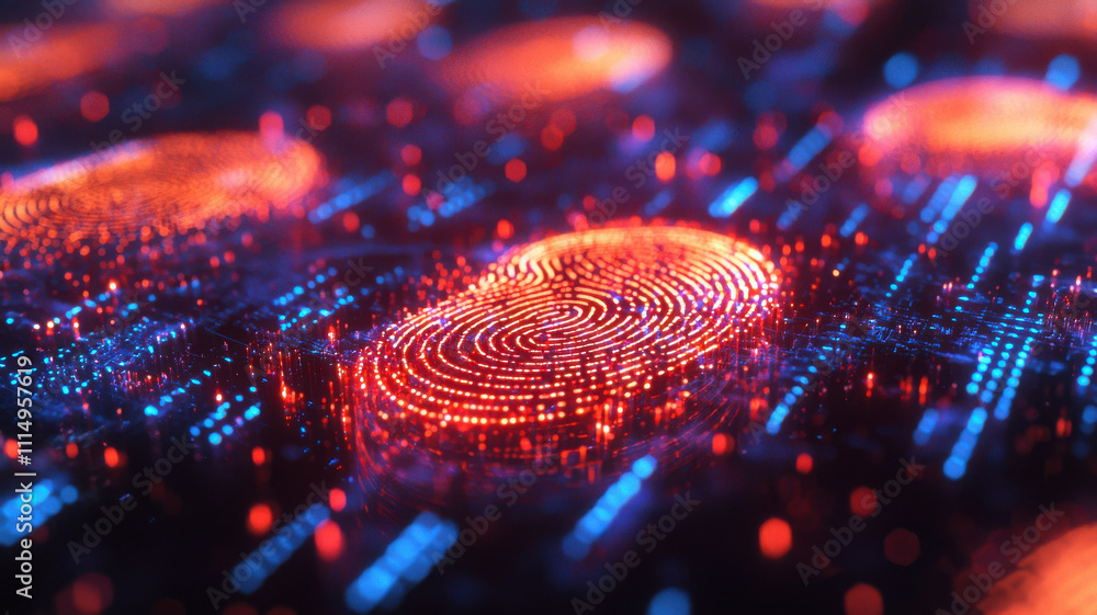 Poster fingerprint scan hologram concept. futuristic fingerprint hologram with glowing digital elements