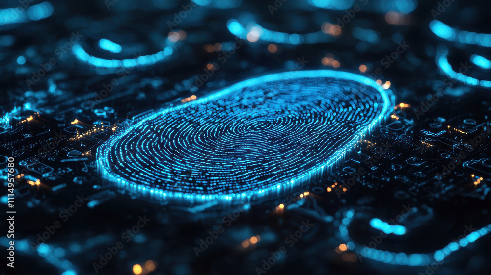 Poster fingerprint scan hologram concept. glowing digital fingerprint on circuit board for biometric securi