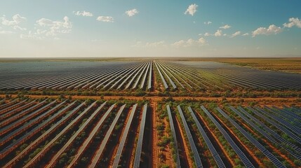 Expansive Solar Array: Rows of solar panels stretching across a vast desert landscape under a bright blue sky.
