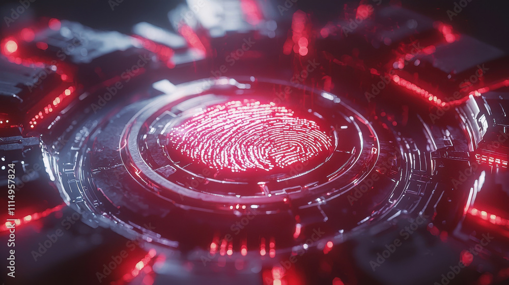 Poster fingerprint scan hologram concept. holographic fingerprint recognition system with glowing red light