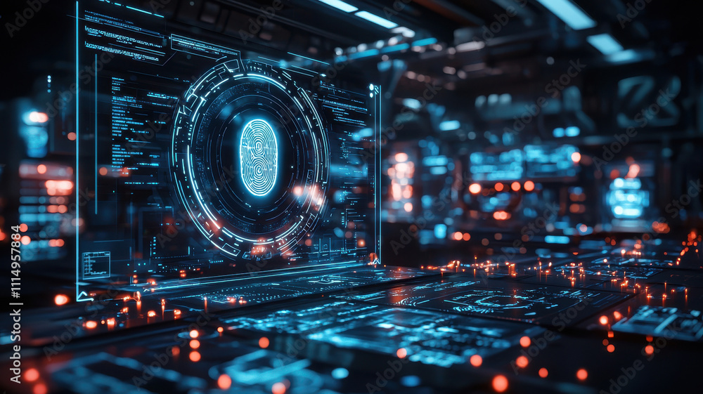 Poster fingerprint scan hologram concept. futuristic digital fingerprint scanning interface in dark room