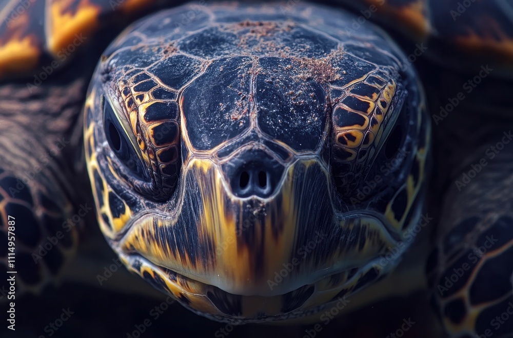 Poster detailed macro shot of a colorful sea turtle head with intricate patterns and texture, capturing the