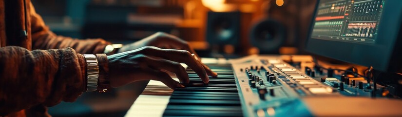 Fototapeta premium Close-up of hands playing a keyboard in a music studio.