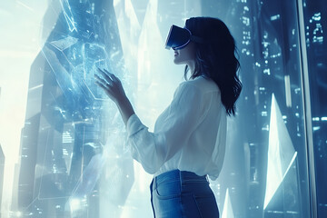 A woman wearing a virtual reality headset interacts with a futuristic digital interface.