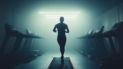 Fototapeta premium Silhouette of a woman running on a treadmill in a dark gym.