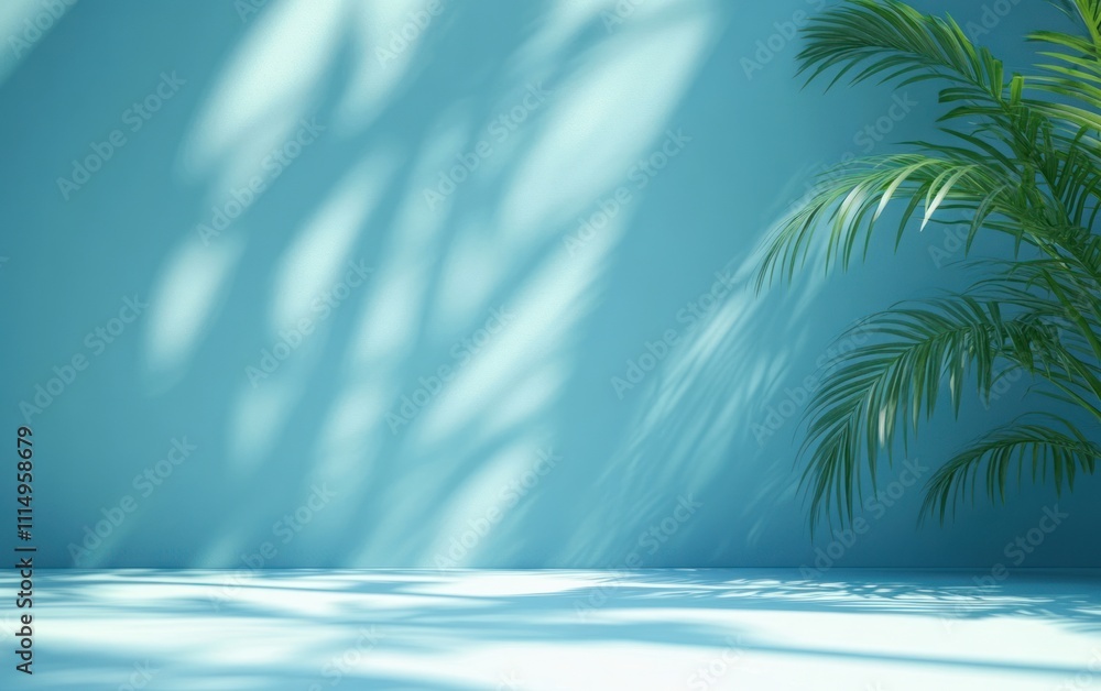 Aufkleber blue minimal background with palm leaf shadows for product display and presentation