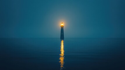 Divine Light, Beacon of Hope. Over calm seas, a strong beacon pierces the night, reminding us of divine guidance in times of stillness and storms.