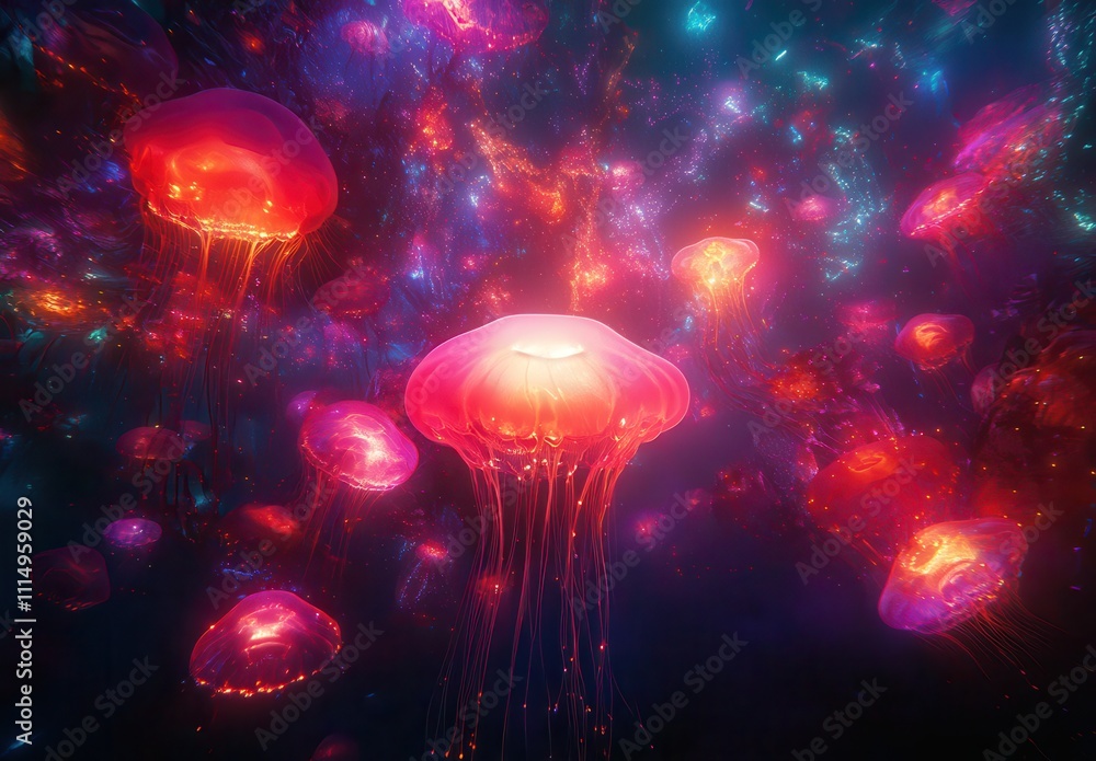 Poster Ethereal Jellyfish Floating in a Colorful Cosmic Environment with Vibrant Glows and Magical Light Effects Creating a Dreamlike Underwater Scene