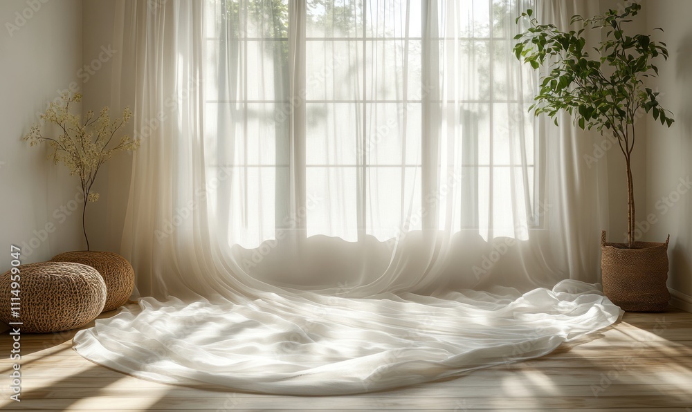 Poster minimalist light grey abstract background with soft shadows from sheer curtains for product presenta