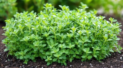 Lush green oregano plant thriving in rich soil.