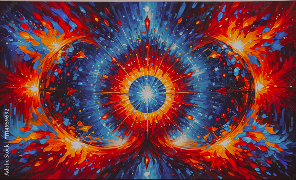 Poster painting of a red and blue circle with a white star in the middle. the circle is surrounded by a red