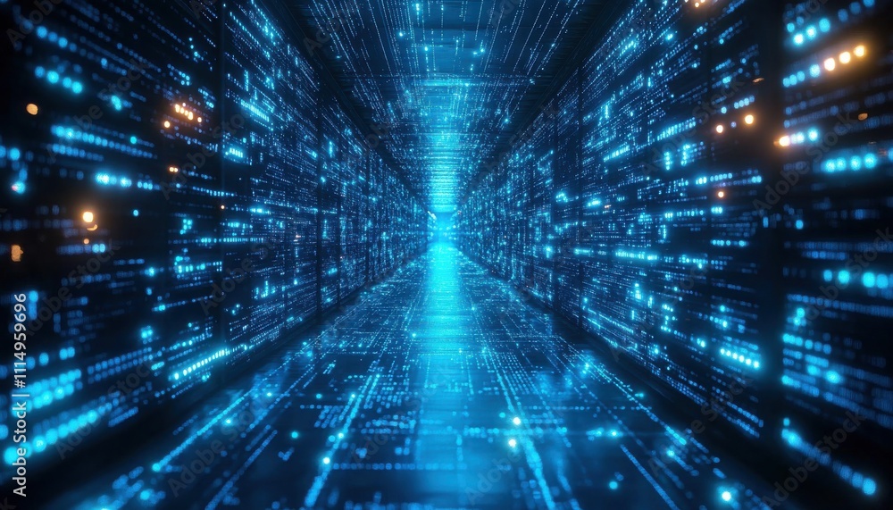 Poster futuristic digital corridor with glowing blue lines and data streams representing advanced technolog