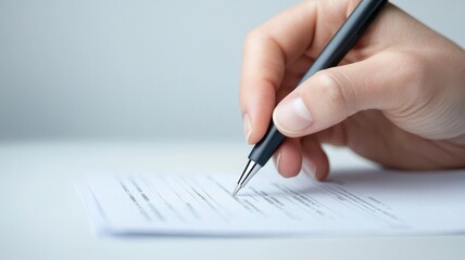A close-up of a hand holding a pen, writing on a sheet of paper, highlighting the act of note-taking or signing documents.