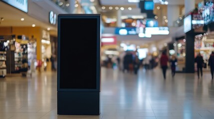 Obraz premium Blank digital billboard in a bustling shopping mall, with blurred shoppers in the background.