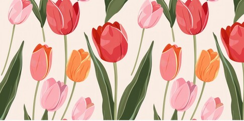 Obraz premium Colorful tulips illustration with a variety of shapes and shades, creating a vibrant floral pattern on a soft beige background. Perfect for spring themes and decorations.