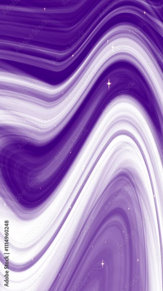 Poster an abstract image features swirling waves of purple and white with subtle sparkling stars creating a