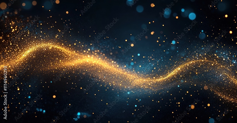 Poster dynamic abstract background with gold and blue shimmering particles elegant light bokeh texture