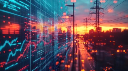 Futuristic Cityscape with Power Grid Data Graphs at Dusk Featuring Energy Consumption Monitoring and Market Trend Analysis