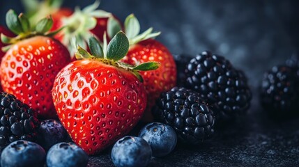 Obraz premium Close-up of fresh red strawberries, blueberries, and blackberries on a dark background.