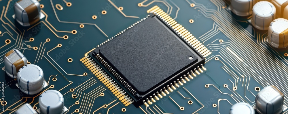 Poster a close-up image of a microchip on a circuit board, showcasing intricate details of electronic compo