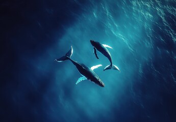 Fototapeta premium Majestic Humpback Whales Swimming Gracefully Beneath the Ocean Surface, Illuminated by Soft Sunlight, Creating a Serene and Captivating Underwater Scene