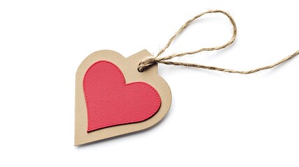 A red heart tag with a string hanging from it